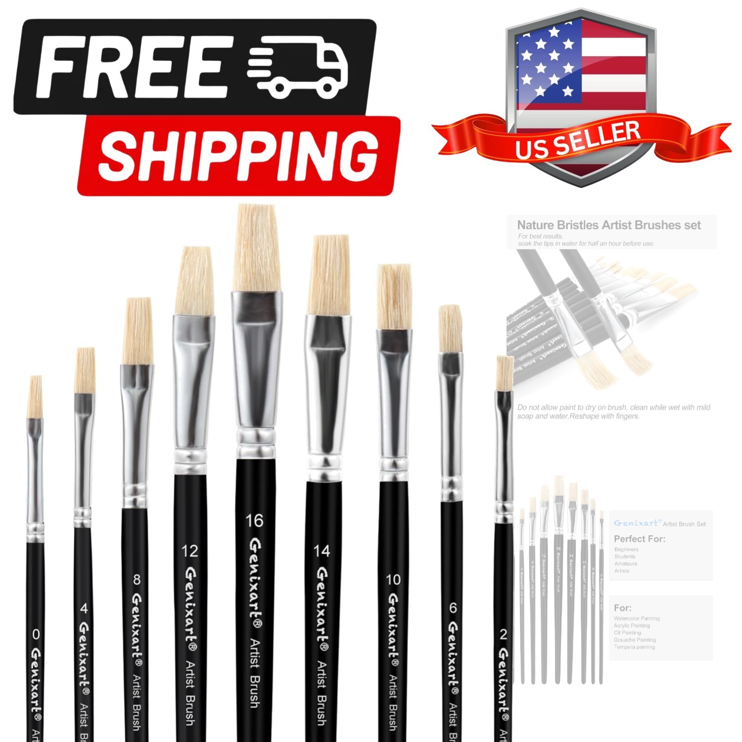 Acrylic Oil Watercolor Paint Brush Set, 9pcs Flat Paintbrushes for Art Painti...