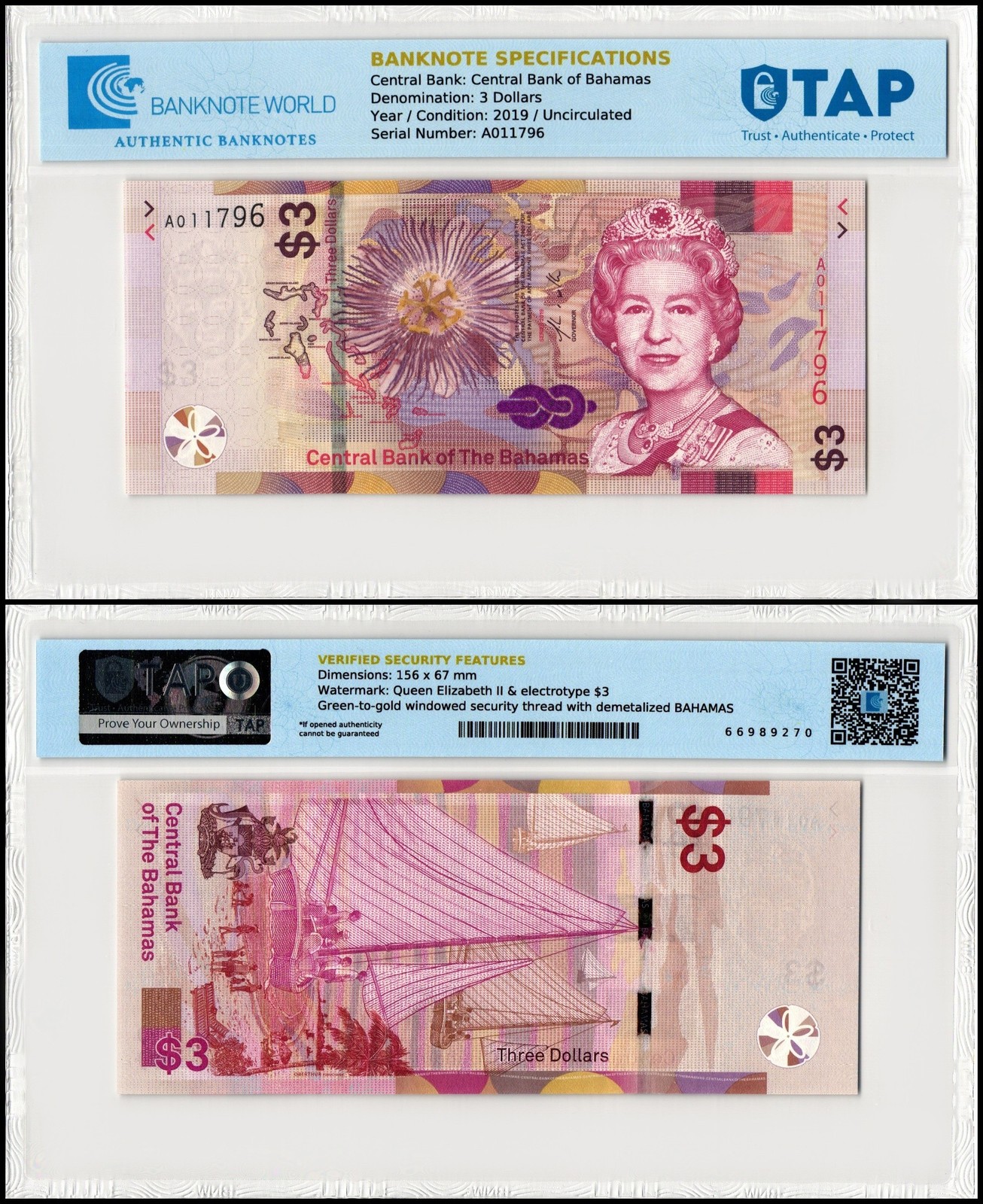 Bahamas 3 Dollars, 2019, P-78, UNC, TAP Authenticated