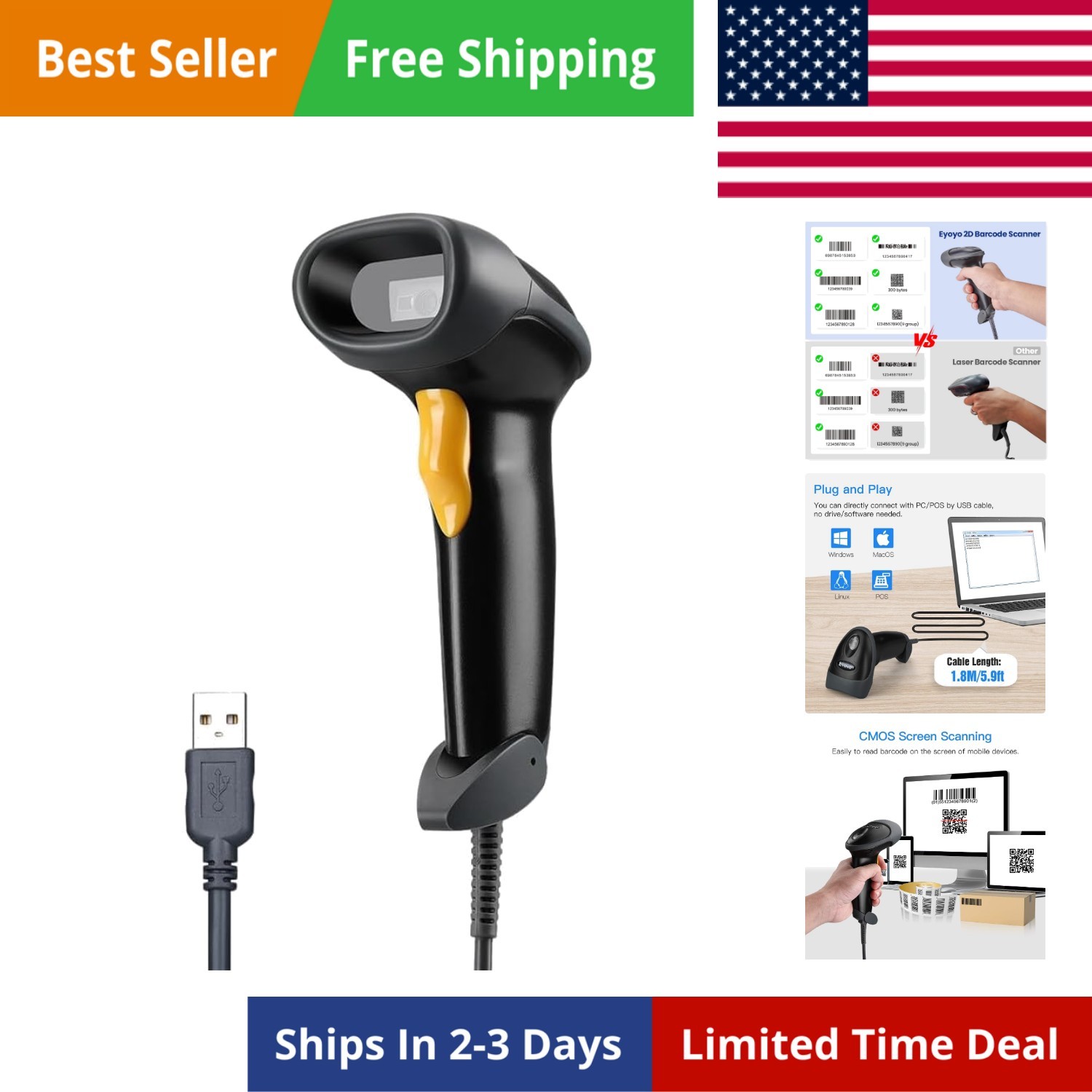Handheld USB 2D Barcode Scanner, Wired Automatic QR Code Scanner Data Matrix ...