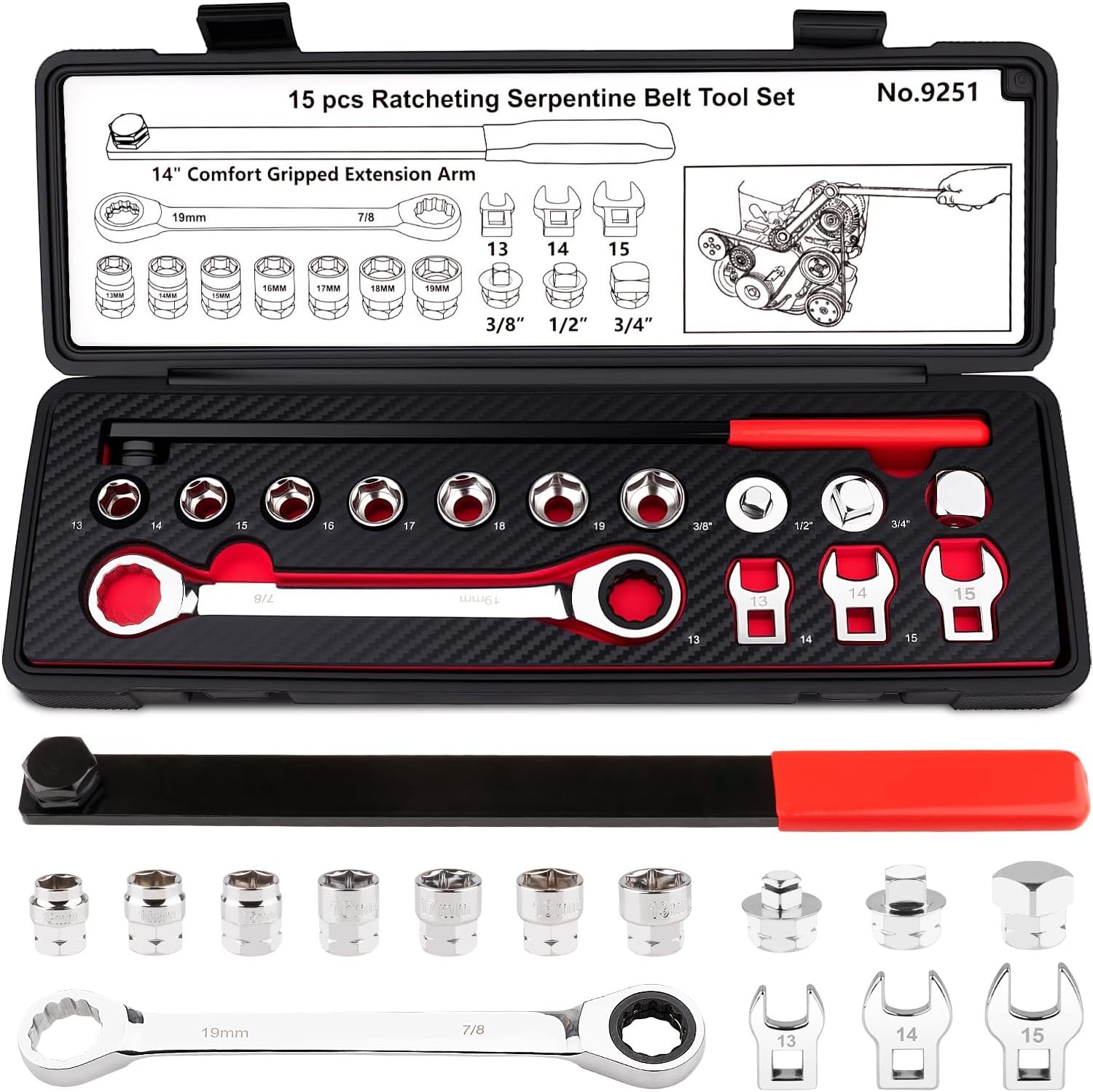 Ratcheting Belt Tool 15PCS Serpentine Tensioner Removal Set