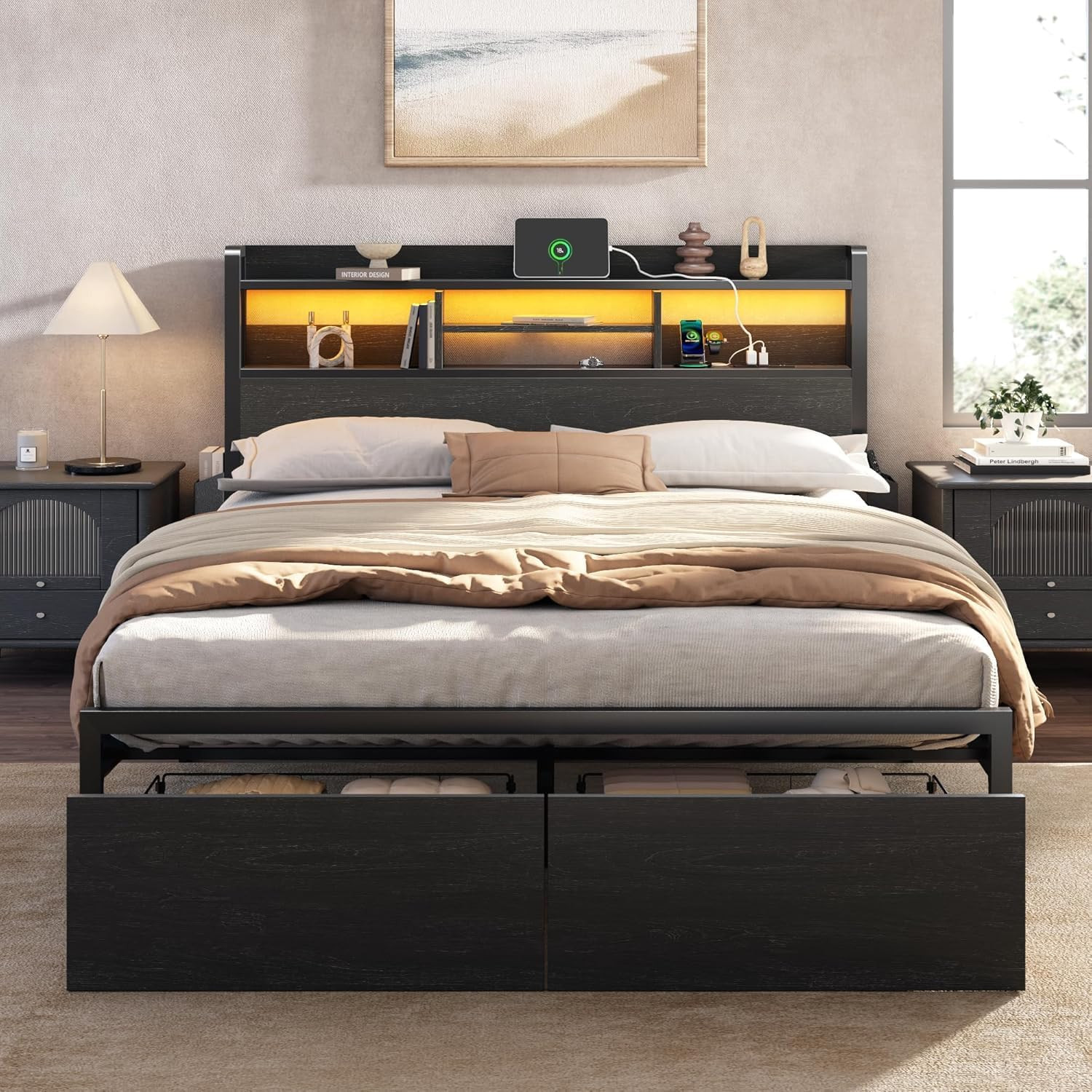 Full Size Bed Frame with Headboard and Charging Station,2 Drawers | 2-Tier Stora