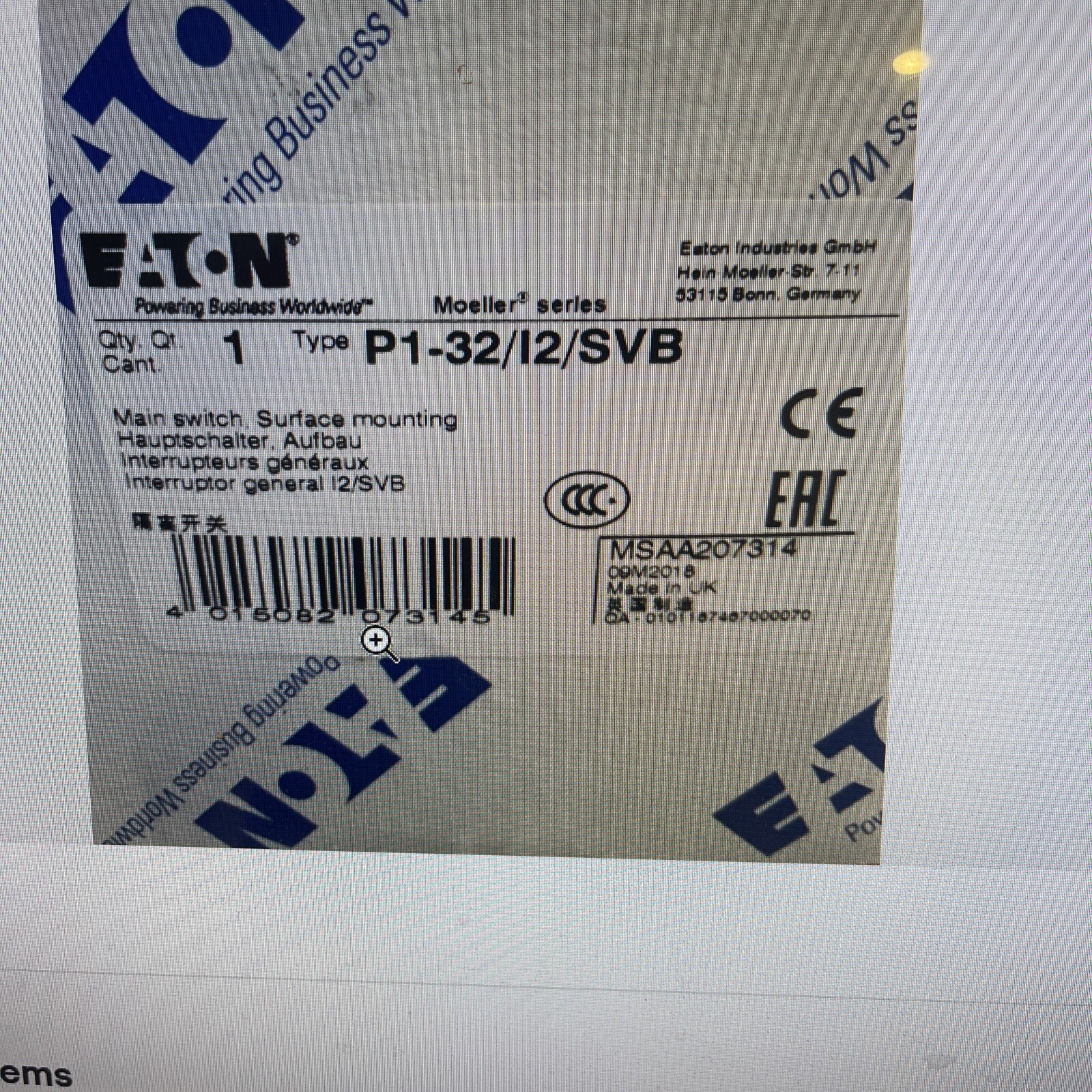 P132/I2/SVB. MAIN SWITCH. EATON. MADE IN UK.  (NOT IN CHINA)