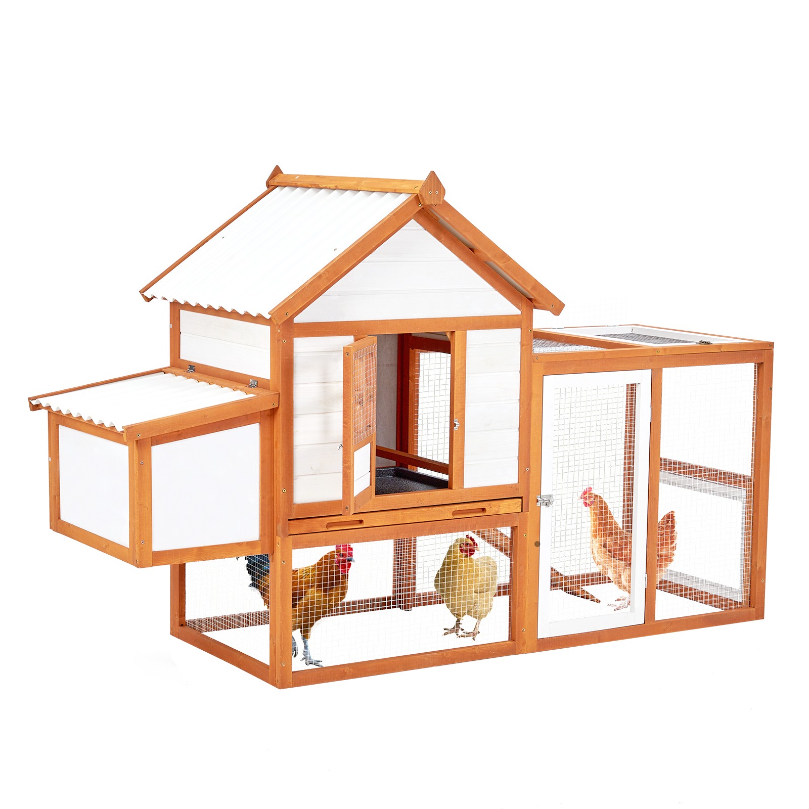 74" Wooden Chicken Coop Outdoor Hen House Walk-In Run 5 Doors 3-10 Chickens Tray