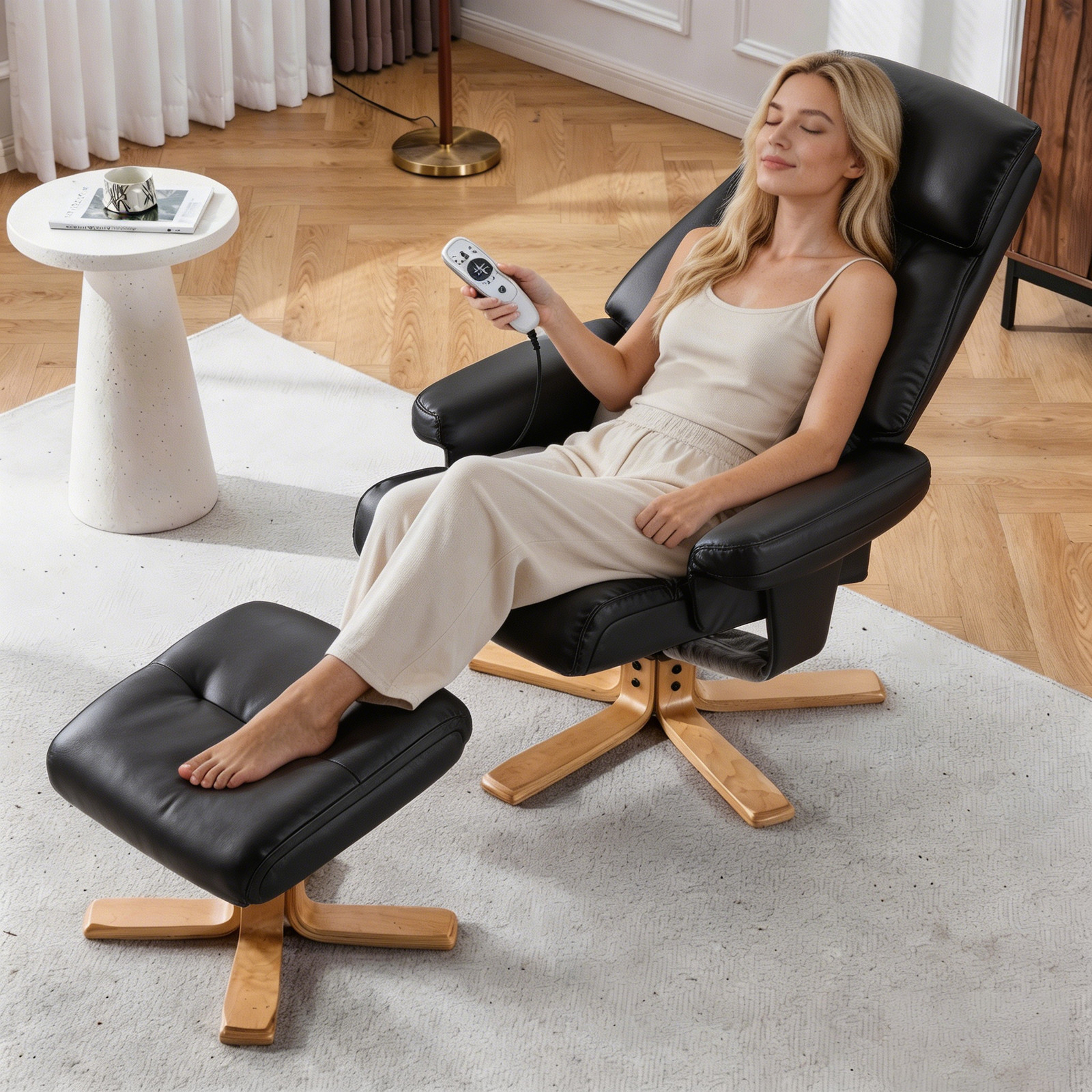Black PU Leather Heated Massage 360° Swivel Accent Chair, Chair with ottoman, Er