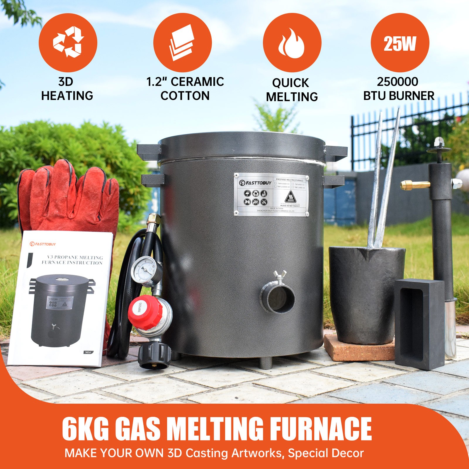 FASTTOBUY 6KG Gas Melting Furnace Propane Forge Metal Copper Jewelry Casting