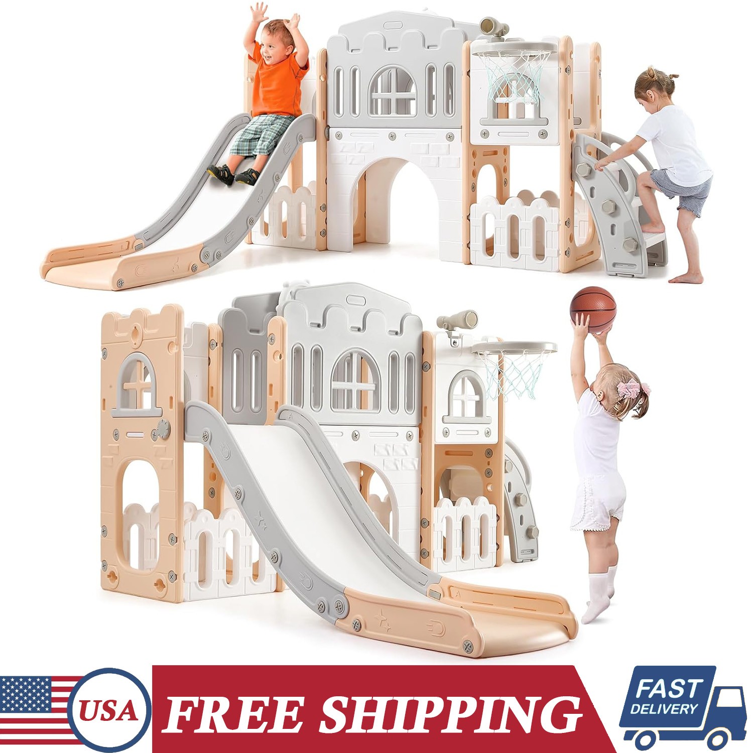 8 In 1 Toddler Slide & Climber Set Pink-Gray Indoor Outdoor Playground for Kids