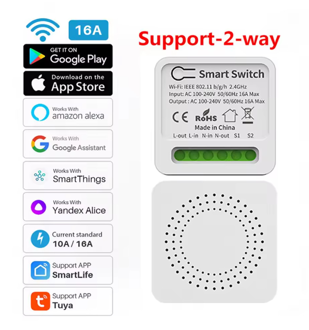 16A Tuya Smart WiFi Switch Support 2-Way DIY Switches Mini Smart Breaker Smart