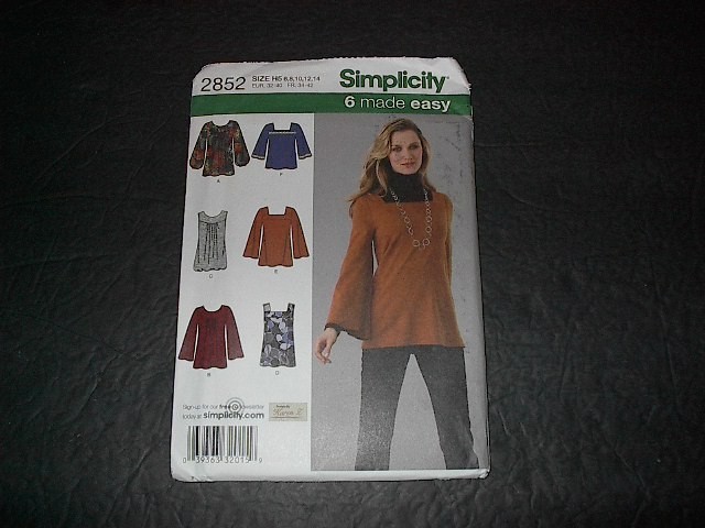 Simplicity Pattern 2852 Misses' Knit Tunics or Tops in Six Styles  6 ~ 14  Uncut
