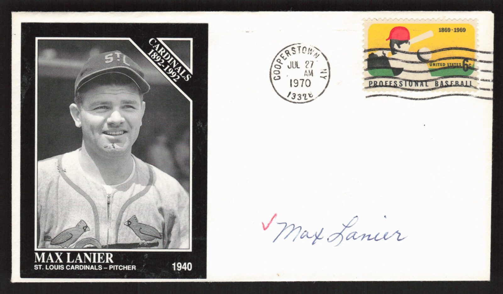Max Lanier Signed Pasted on Baseball Photo Cachet St. Louis Cardinals Auto