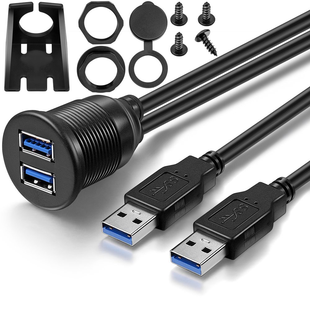 2 Ports USB 3.0 Extension Cable, Flush Mount Car Truck Boat Motorcycle Dashboard