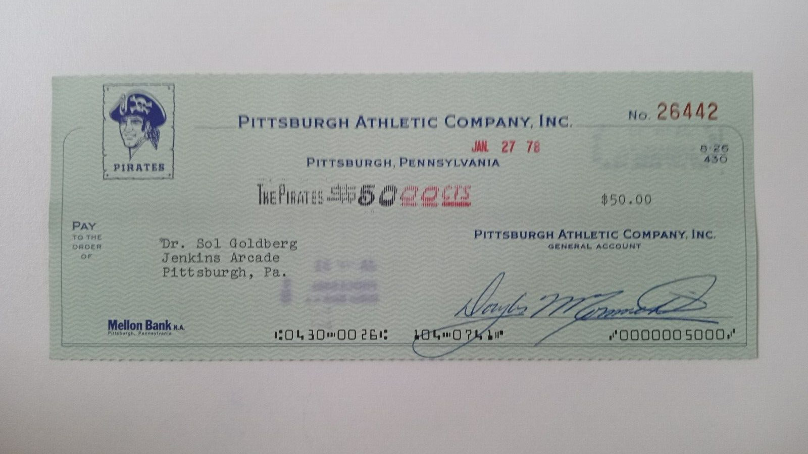 Dr. Sol Goldberg: 1978 Pittsburgh Pirates Expense Check
