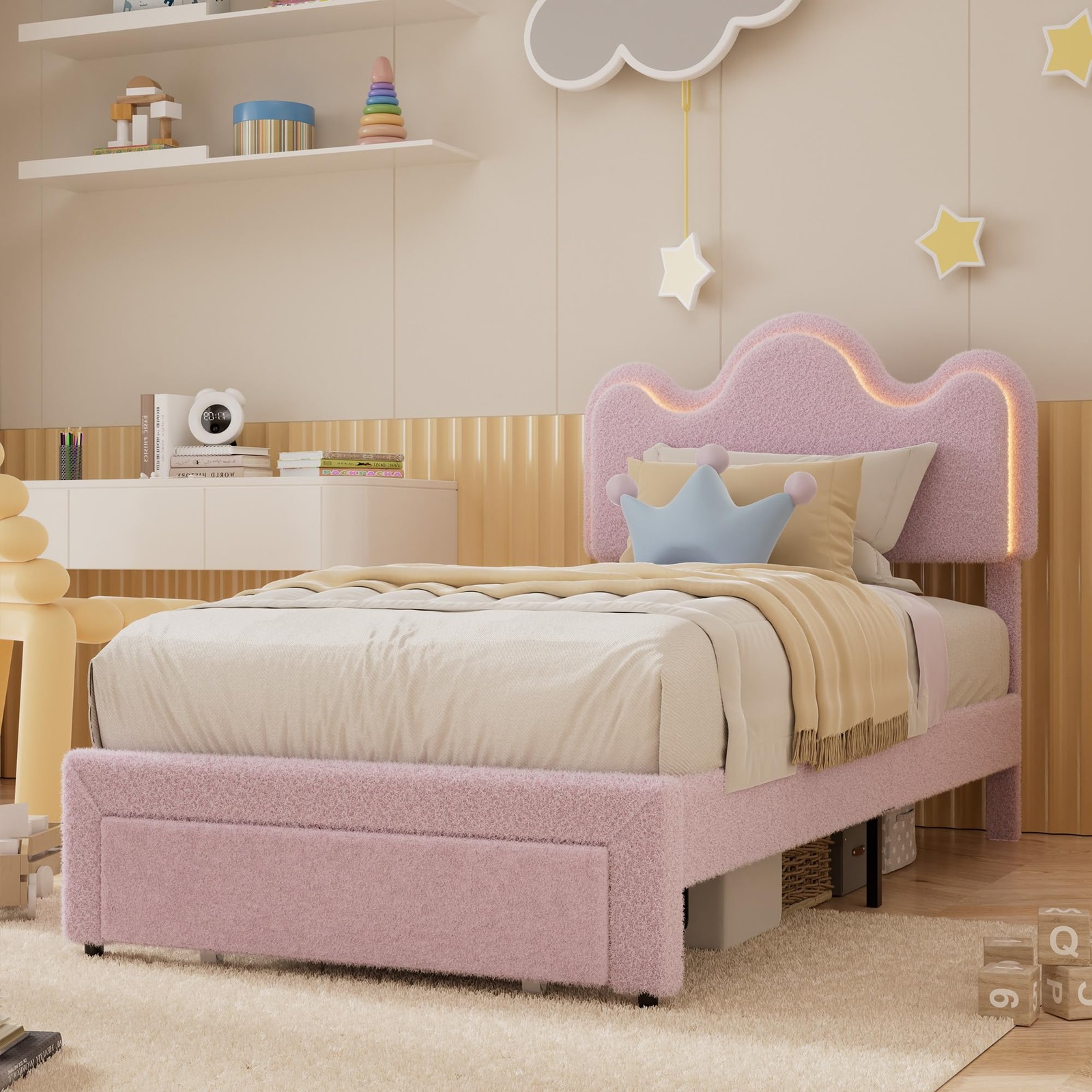 Twin Size Bed Frame with Flower Headboard Upholstered LED Platform Bed & Drawer