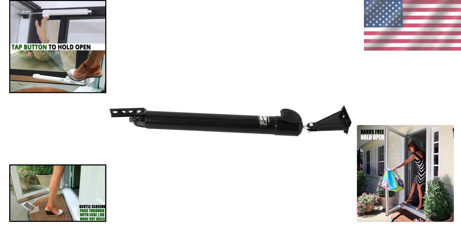 Black Metal Door Closer with Touch Hold Feature - For Storm & Screen Doors