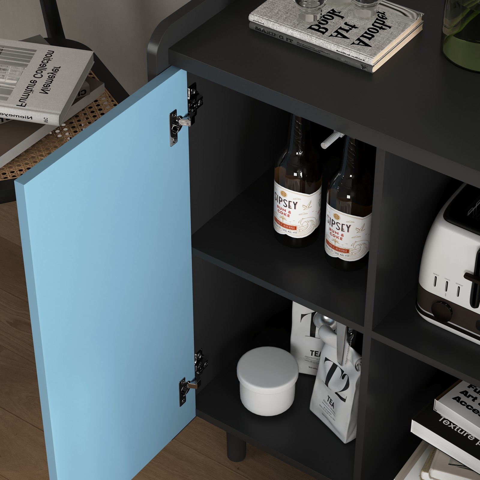 Sideboard Buffet Cabinet, Black Storage Cabinet with Blue Doors , 2 Drawers wi