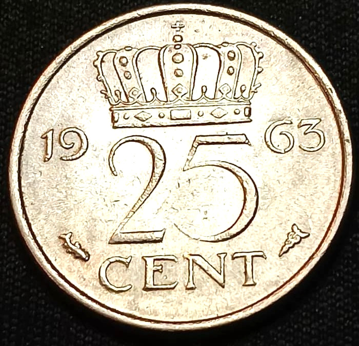 Netherlands 1963  25 Cents Dutch Nickel World Coin Europe Kingdom Netherlands Du