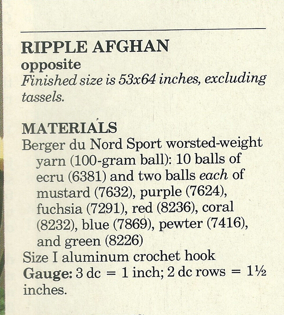 Ripple Design Afghan Crochet Pattern INSTRUCTION pages