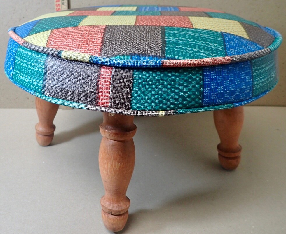 Vtg. RETRO MCM Babcock Phillips Round Multicolor Vinyl Ottoman Foot Stool 4 Legs