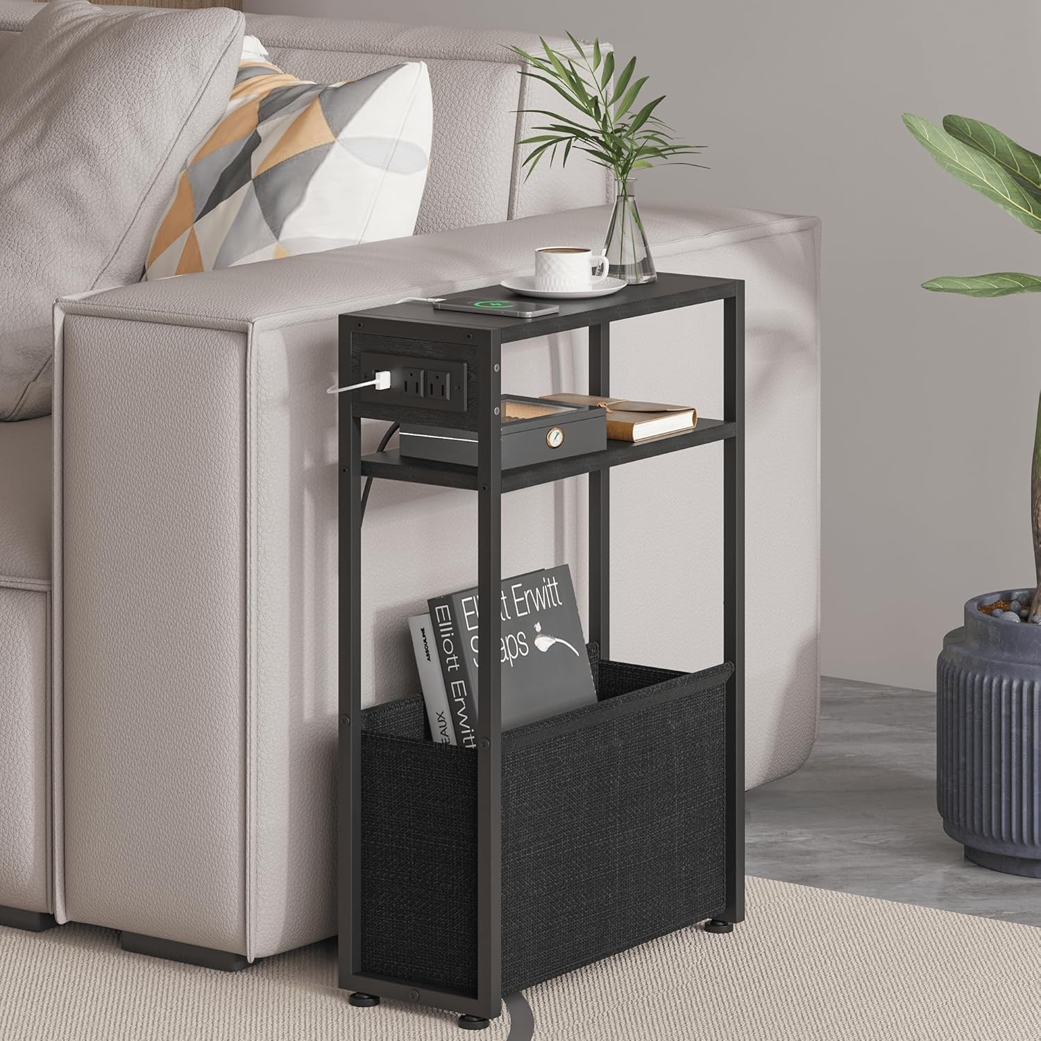 Narrow Side Table Durable Slim End Tables W/ Fabric Basket Table Small Spaces US