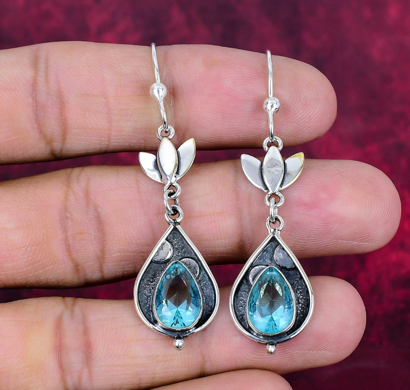 Swiss Blue Topaz Gemstones Handmade 925 Sterling Silver Charm Earrings Jewelry