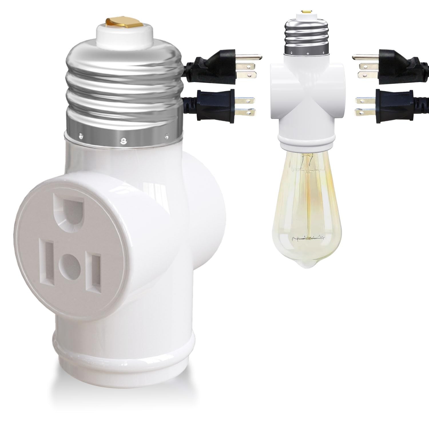 Light Socket Adapter, Convert E26 to 3-Prong Outlet White
