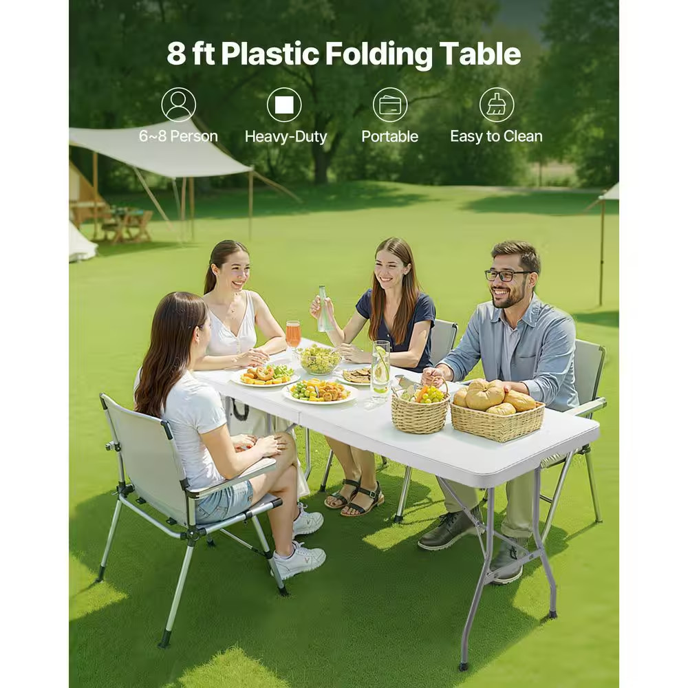 Folding Table, 8 Ft. Heavy Duty Portable Fold-In-Half Plastic Rectangle Table wi