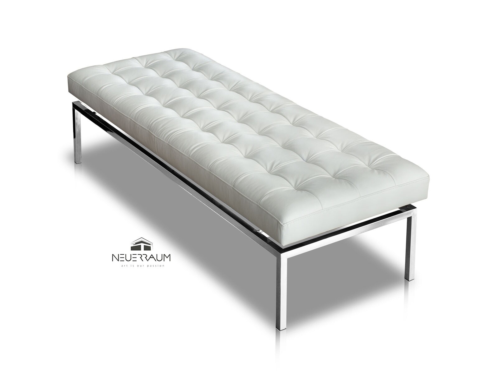 Long Bench Leather Black Bauhaus on Polished Stainless Steel Quality 160 x 44cm