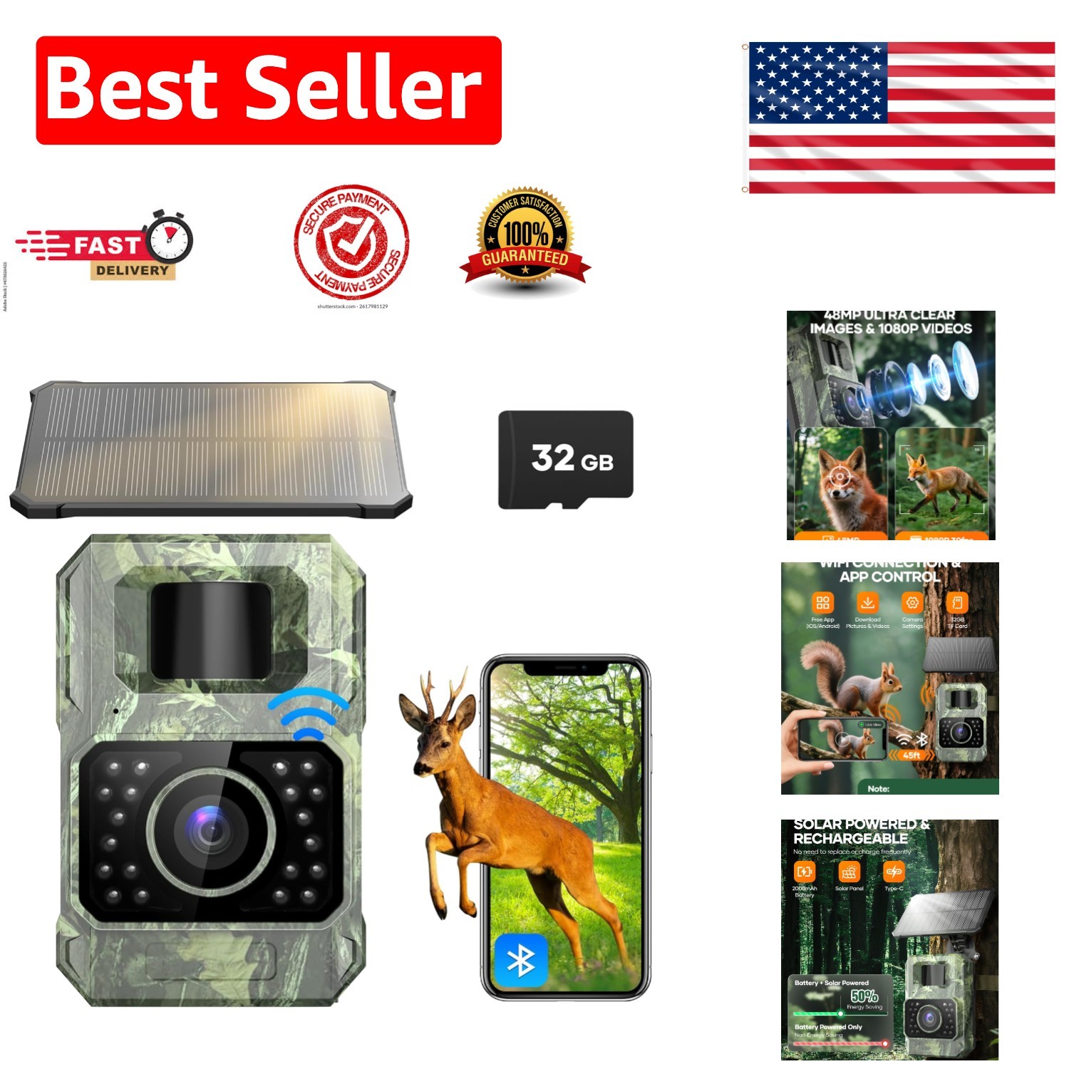 48MP Solar Trail Camera with WiFi and Night Vision -  Waterproof Performance