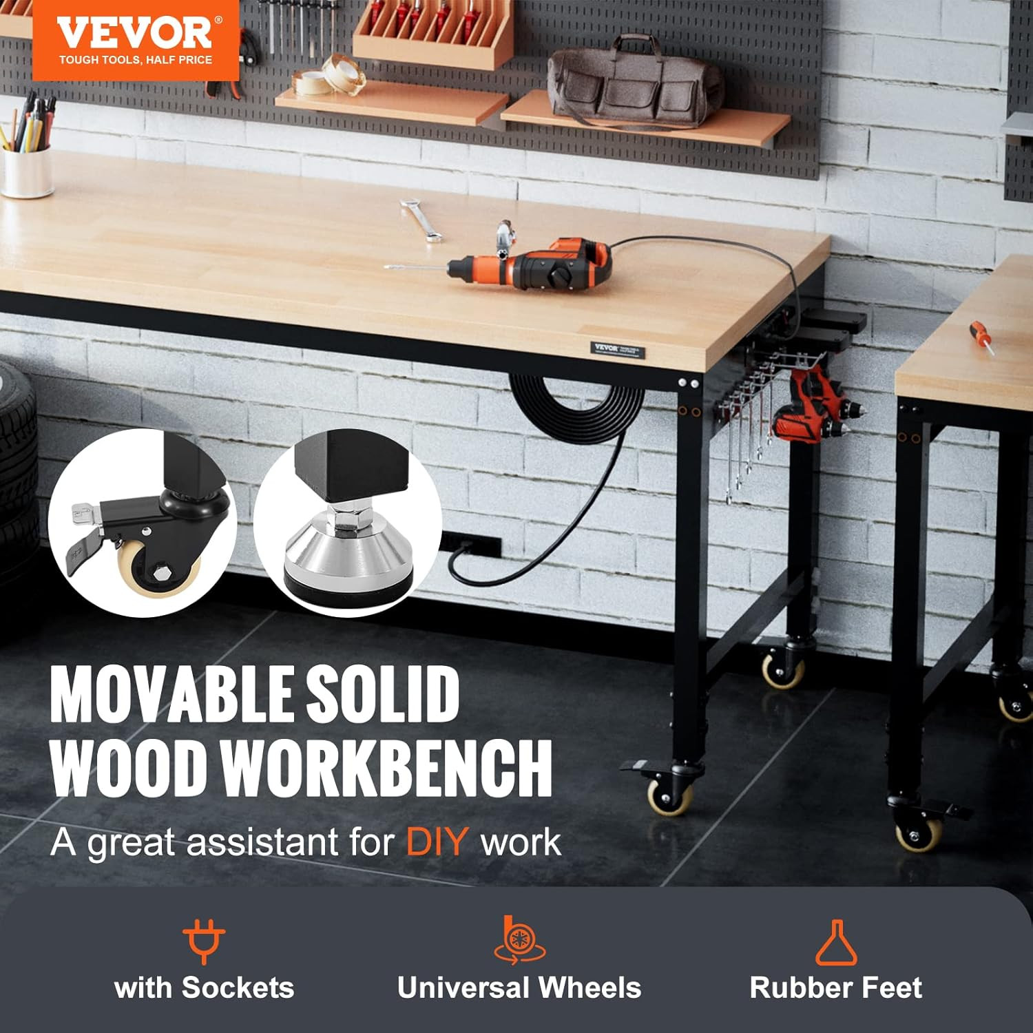 Workbench for Garage 72" Adjustable Workbench, Heavy-Duty Hardwood Worktable wit