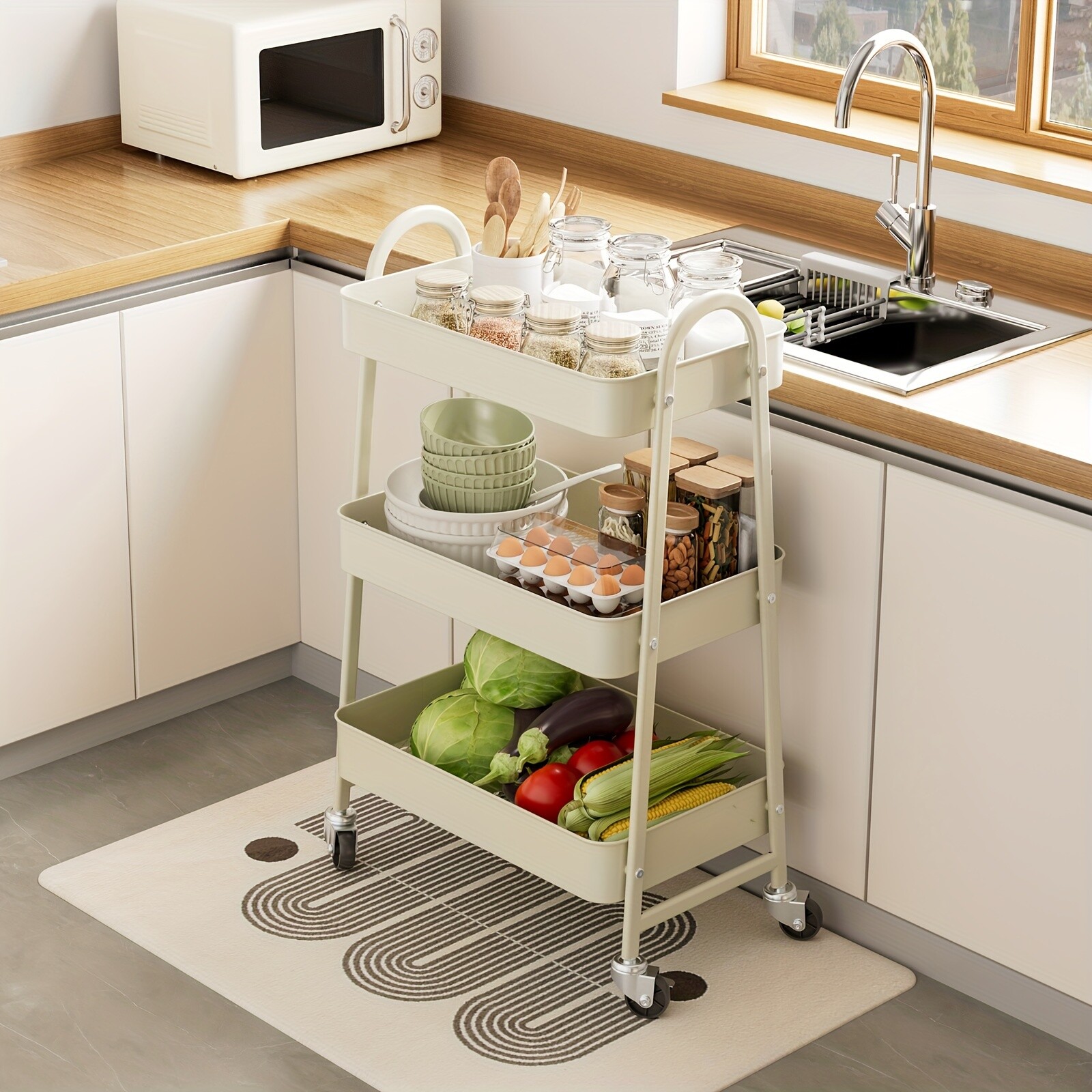 3-Tier Rolling Kitchen Cart, Metal Frame with Plastic Wheels, Space-Saving