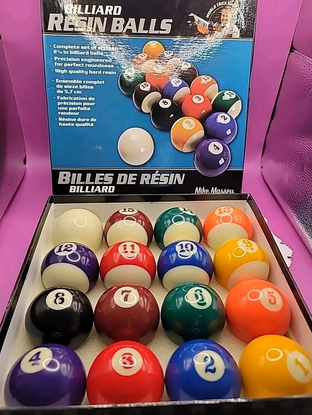 MIKE MASSEY▪︎Resin Billiard Balls▪︎Set Of 16▪︎Trick Shot▪︎2 1/4 Inches▪︎Orig Box