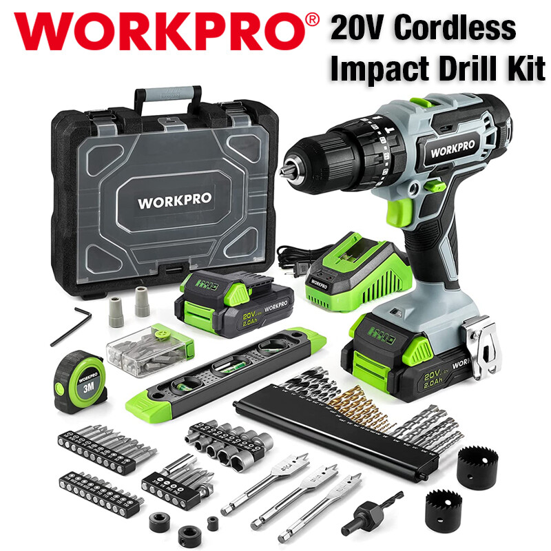 WORKPRO 20V 1/2'' Chuck Impact Drill Kit Impact Drill Driver Tool w/Accessories