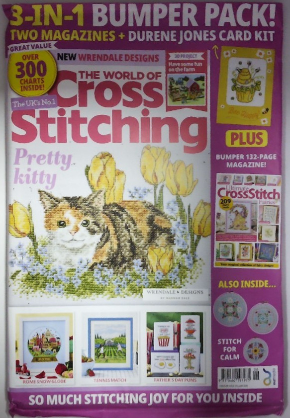 The World of Cross Stitching magazine June 2026 Pretty Kitty + Durene Jones kit