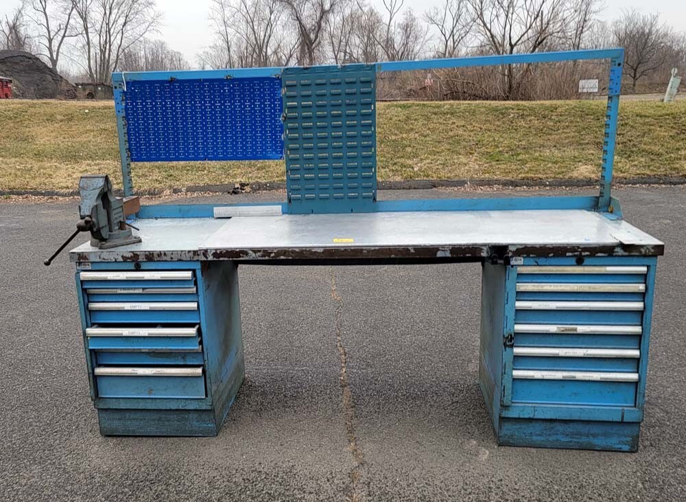2 Lista 6 drawer cabinets with 8' bench top, vise not included, INV 45427