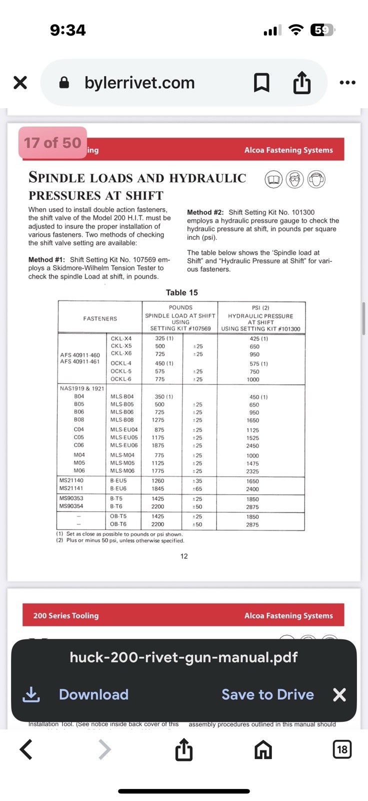 Huck Model Number 101300 for Huck 200 shift valve setting