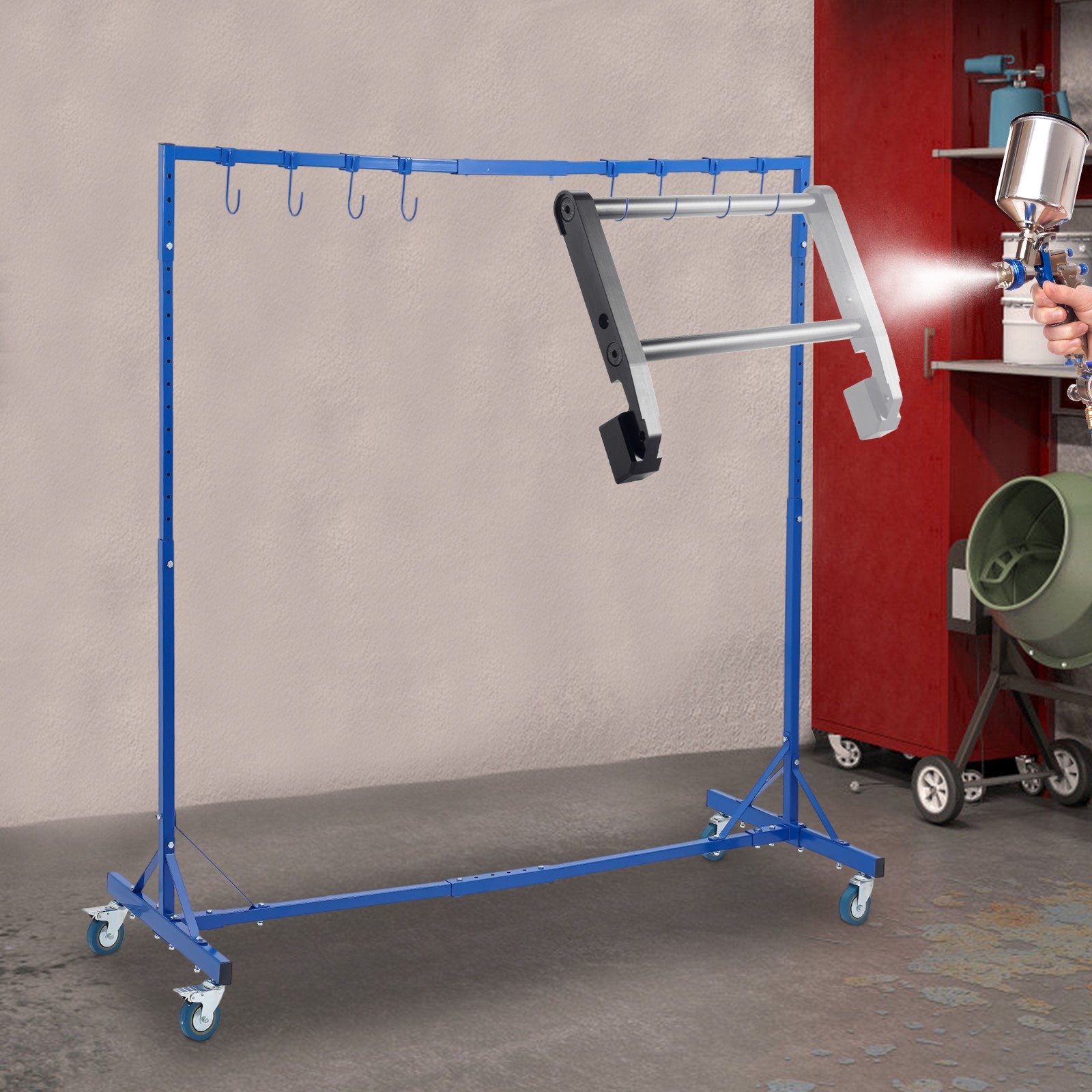 Blue Paint Hanging Stand 8 Hooks Adjustable Steel Free Standing Automotive