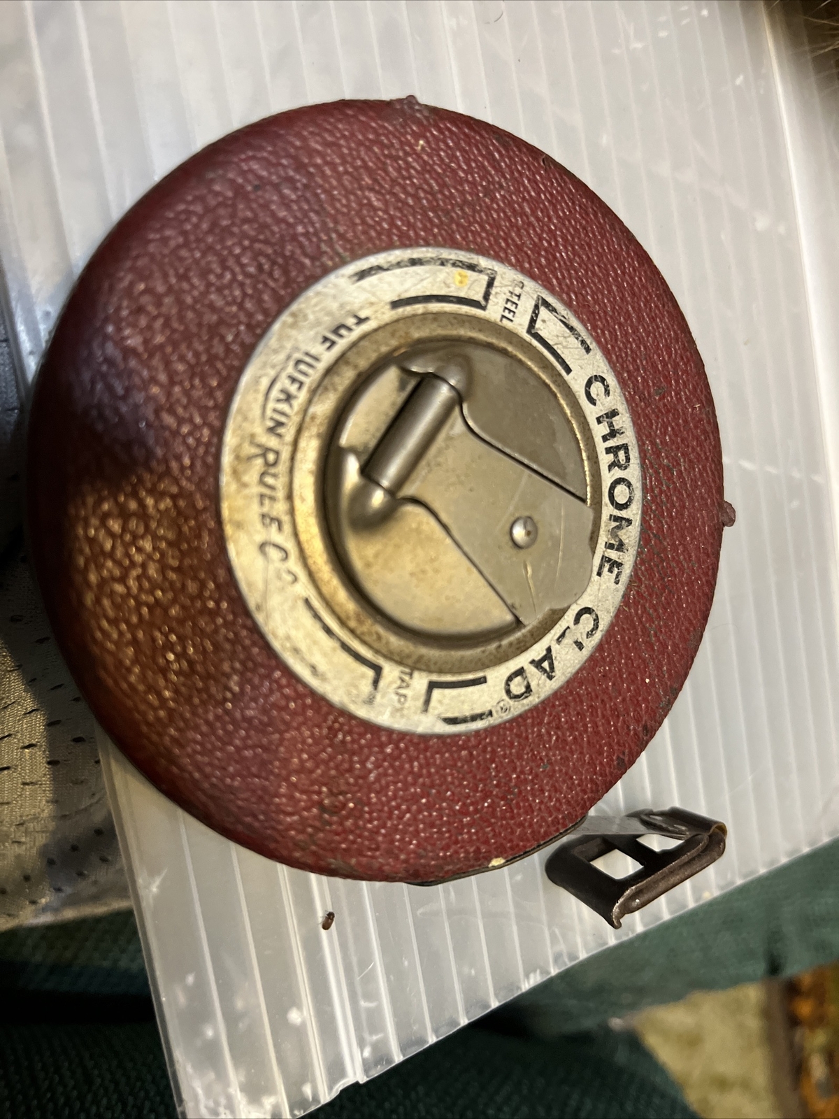 Vintage Lufkin Rule Co 50' Feet Chrome Clad Leader Steel Tape Measure Red (USA)
