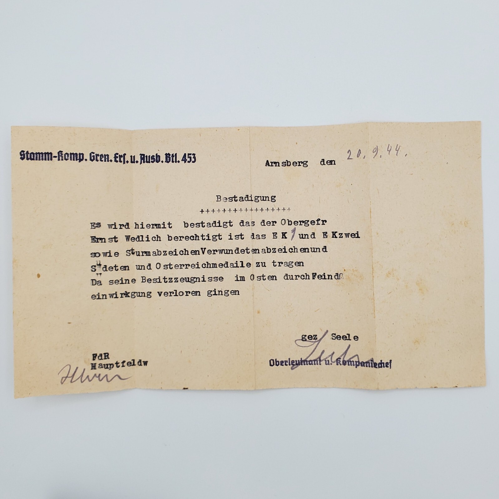 WW2 Original WW2 Iron Cross First Class EK1 EK2 medal award document 1944 letter