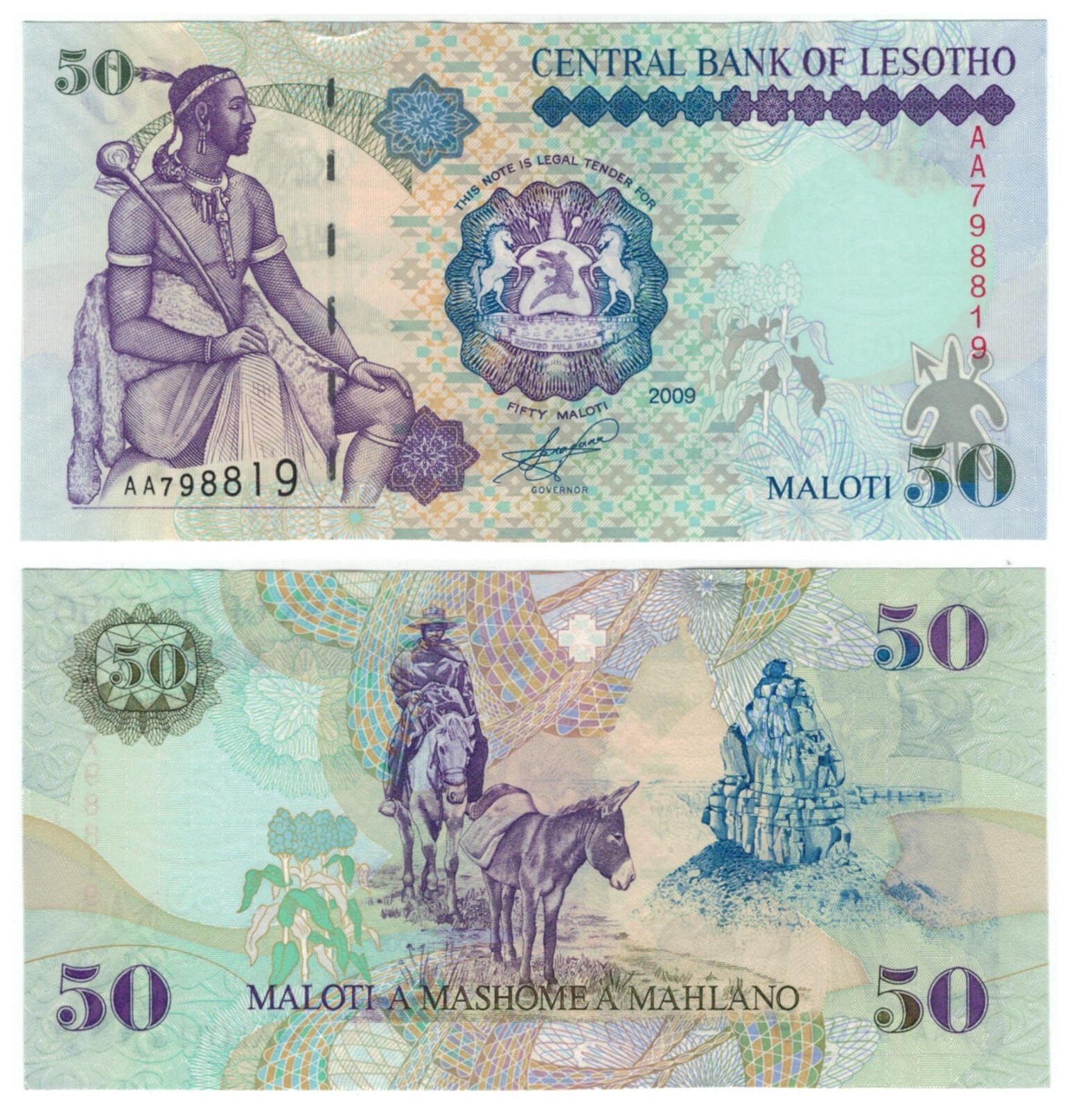 Lesotho 50 Maloti (2009) - Herdsman/Donkey/p17e, B214e "AA" UNC