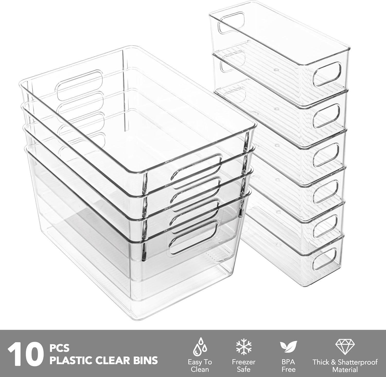 Set of 10 Clear Plastic Storage Bins, 4 Large and 6 Small Stackable Storage Cont