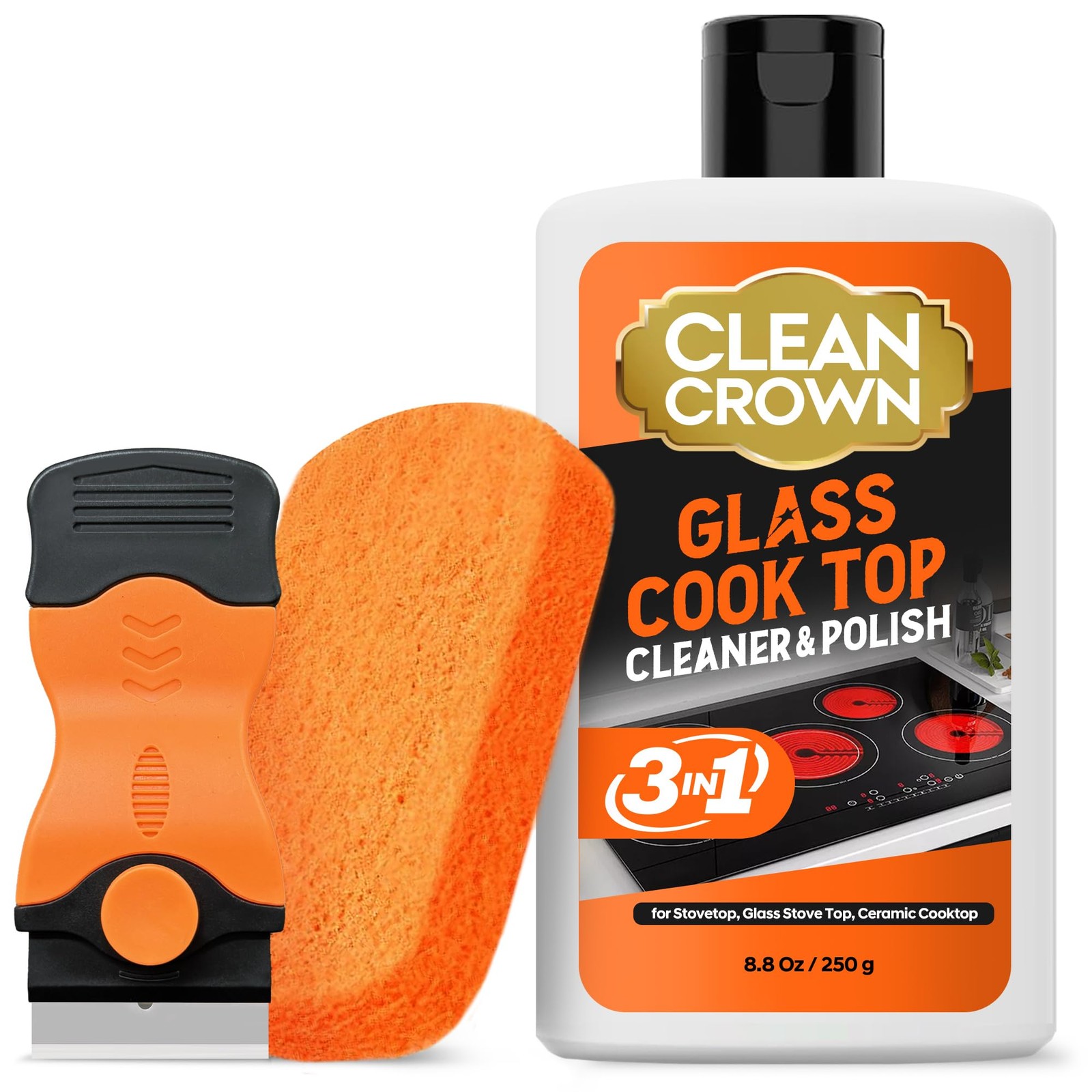 CleanCrown 3-in-1 Cooktop Cleaner Kit (8.8 Oz Cooktop Cleaner + Scrubbing Pad...