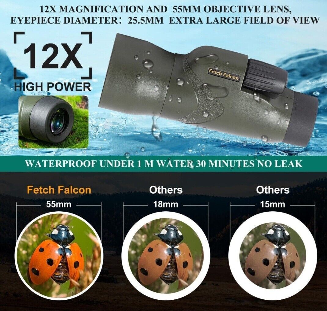 Fetch Falcon 12x50 IPX7 Nitrogen Filled BAK4 FMC ED Monocular - New