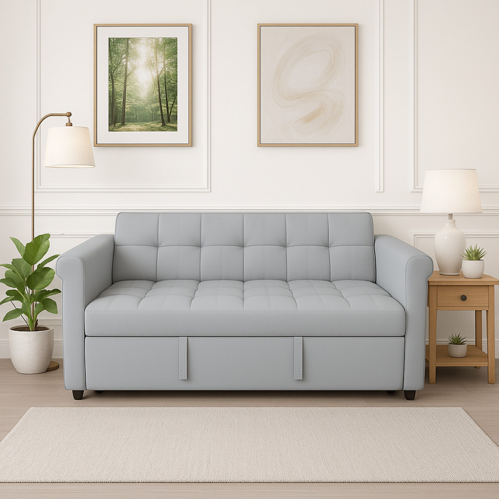 2-Seater Convertible Velvet Loveseat Gray Sofa Bed-Pull-Out,Side Pocket,Compact