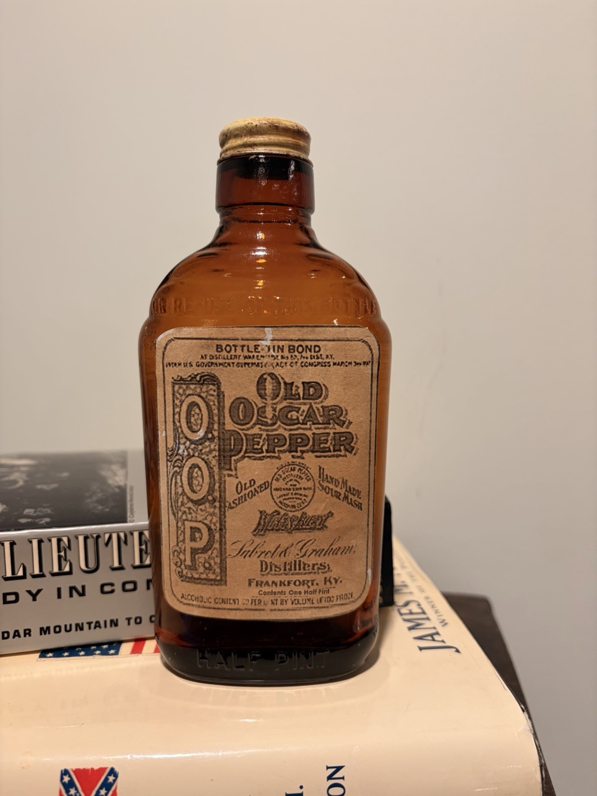 Vintage Coffin Shaped Amber Whiskey Flask With Repro Label