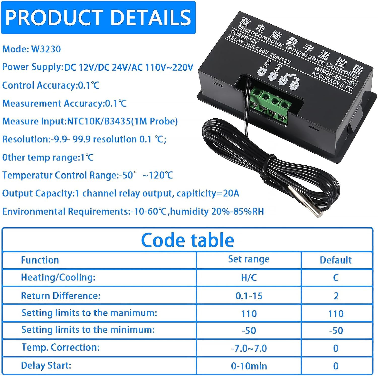 2PCS W3230 Digital Temperature Controller 12V LED Thermostat -50~120°C