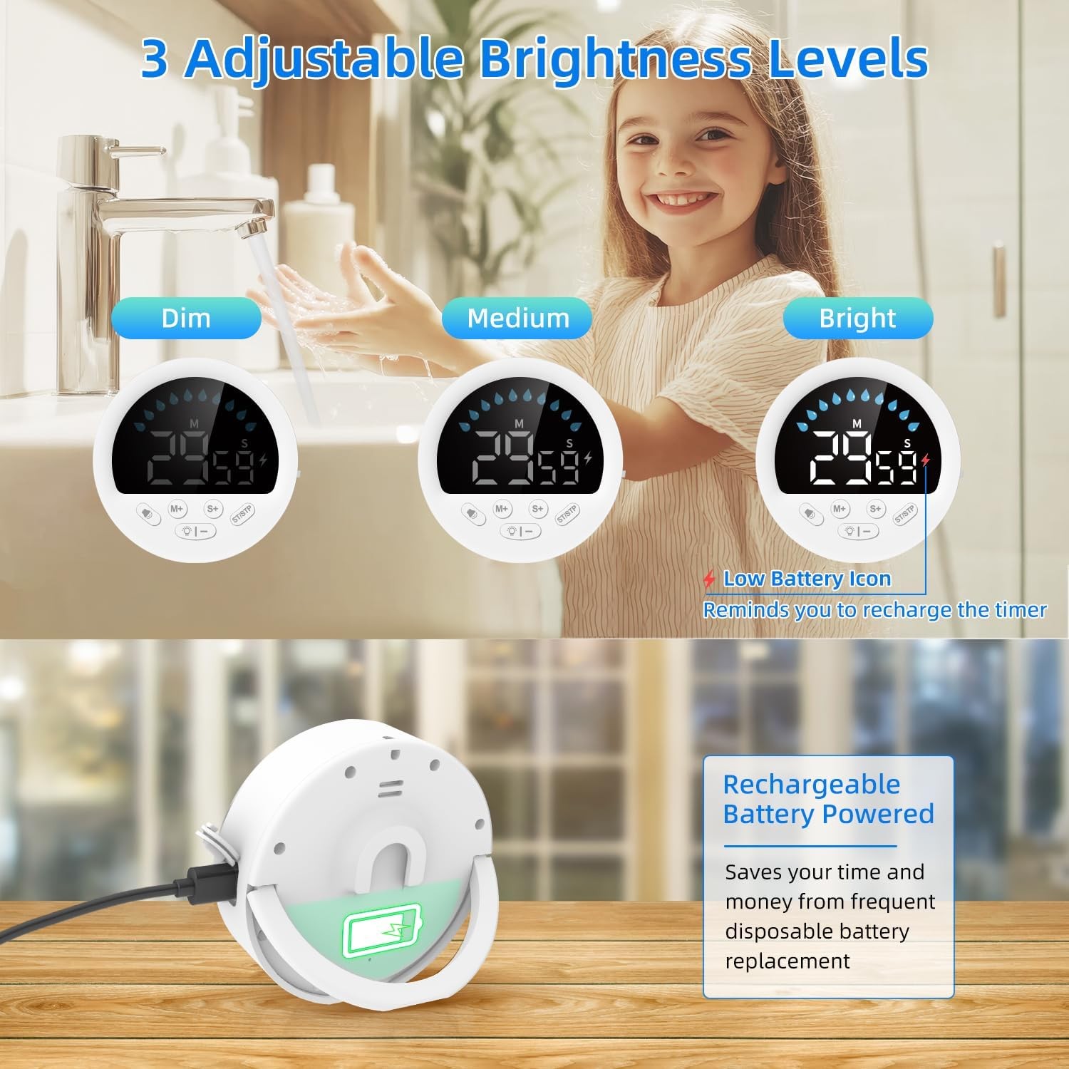 Waterproof Shower Countdown Timer: Large LED Display, ADHD Tool for Kids Adults,