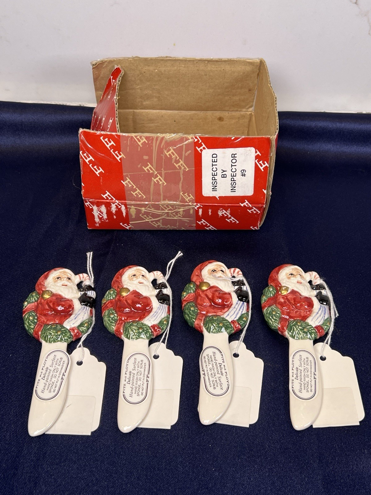 Fitz & Floyd Santa Quilt Canape Knives ALL Ceramic Set of 4 NEW Vintage