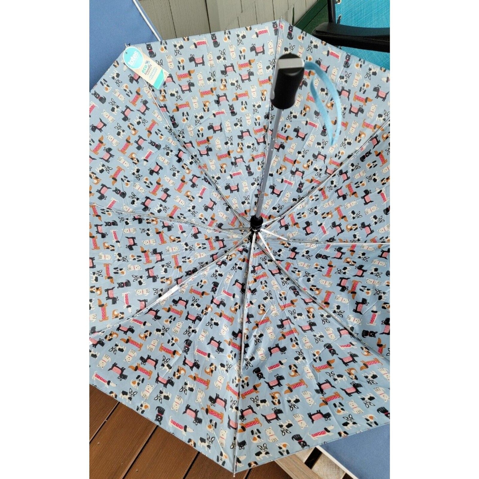 TOTES Automatic Compact Umbrella Recycled Fabric Dog Pattern- New w Tags