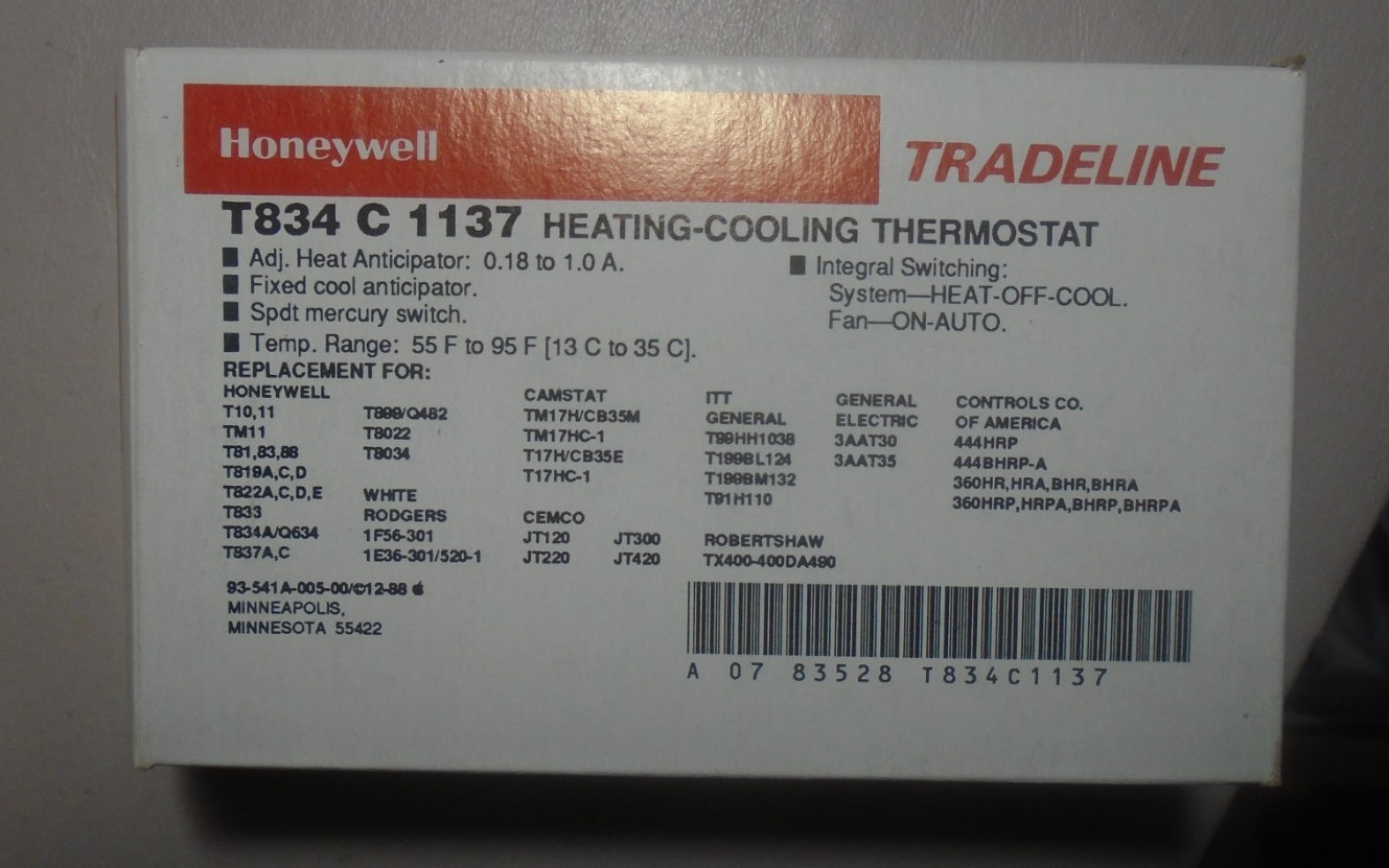NEW Vintage Honeywell T834C1137 Manual Mechanical Heat Cool Thermostat