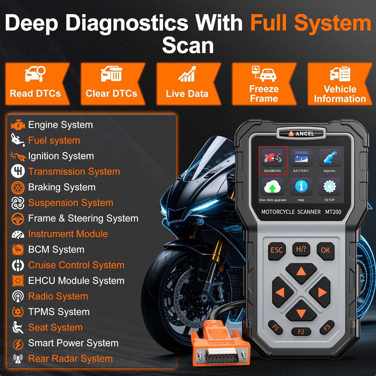 MT200 Motorcycle Scanner OBD2 Code Reader ABS Diagnostic Tool Fit For KAWASAKI
