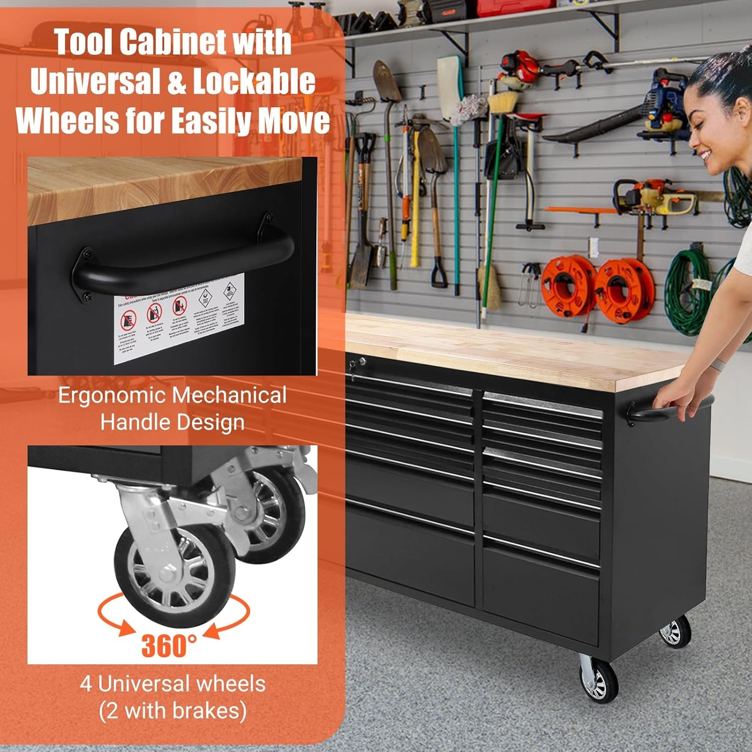 Rolling Tool Chest 72 Inch 15 Drawer Mobile Garage Workbench Solid Wood Top